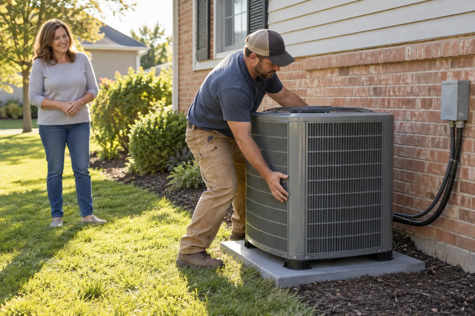 A local HVAC provider setting a new outdoor AC unit beside a brick ranch home in Lancaster