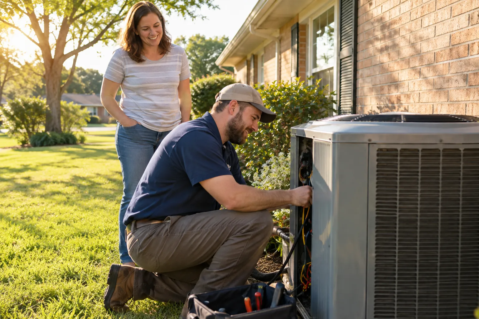 A local HVAC provider checking an outdoor air conditioner beside a brick ranch home in the Lancaster area