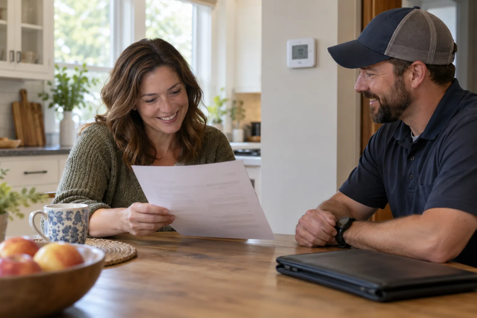 A homeowner reviewing a written HVAC quote in the Lancaster area